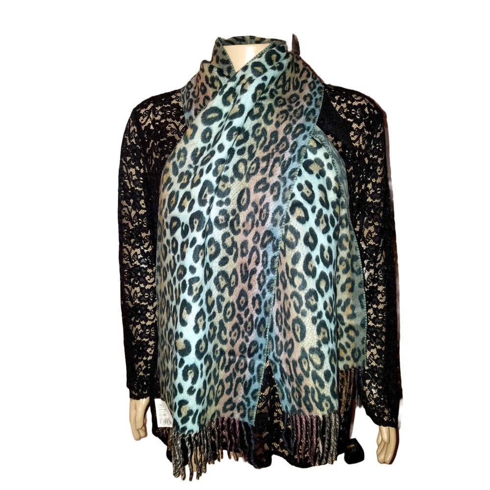 Cashmink V.Fraas Light Blue Ombre Animal Print Fringe Scarf